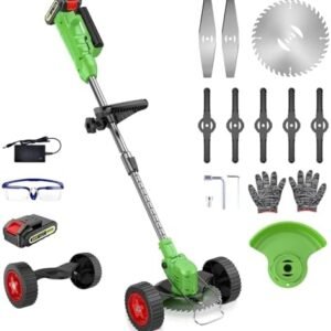 Cordless Lawn Trimmer Weed Wacker – Apiuek 21V Lawn Mower Grass Edger with 2.0Ah Li-Ion Battery Powered & 3 Cutting Blade Types, Compact Power Tool for Lawn Yard Work