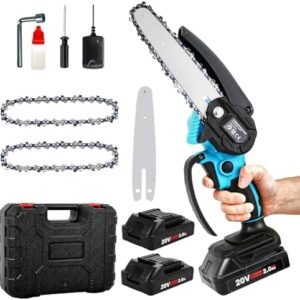 CKEVE Mini Chainsaw 6-Inch, Portable Electric Chain Saw Battery Powered Cordless with Safety Lock for Garden Tree Trimming, 250W Motor, 2 Chains, 2 Rechargeable Battery 20V 2000mAh Included, Blue